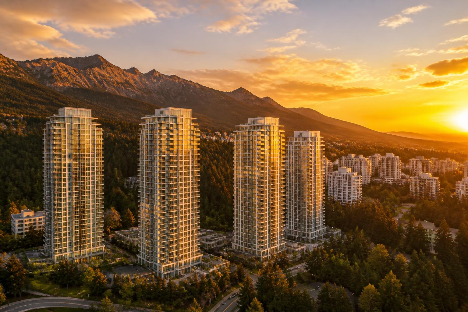 Vista aérea ao entardecer das torres residenciais de alto padrão do Vila da Serra, com montanhas verdes ao fundo